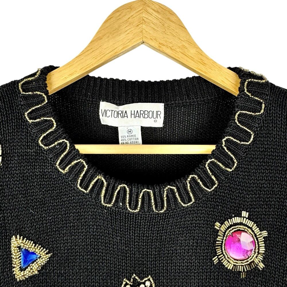 Vintage 80s Victoria Harbour Jewel Sweater M Black Beaded Glam Granny‎ Ugly - Picture 4 of 12